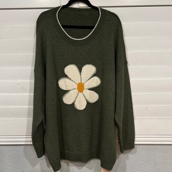 BloomChic Olive Sweater with Floral Accent - Picture 1 of 6